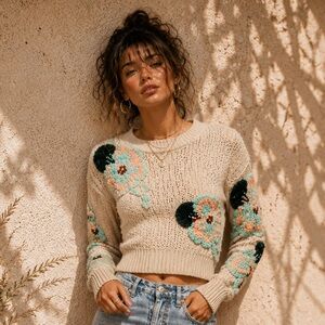 Urban Outfitters 🌺 textured floral appliqué flower cropped knit sweater